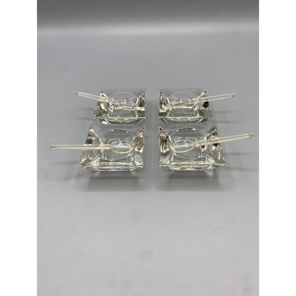 VINTAGE 2" GLASS SQUARE OPEN SALT CELLARS W/PLASTIC SPOONS - Picture 3 of 9